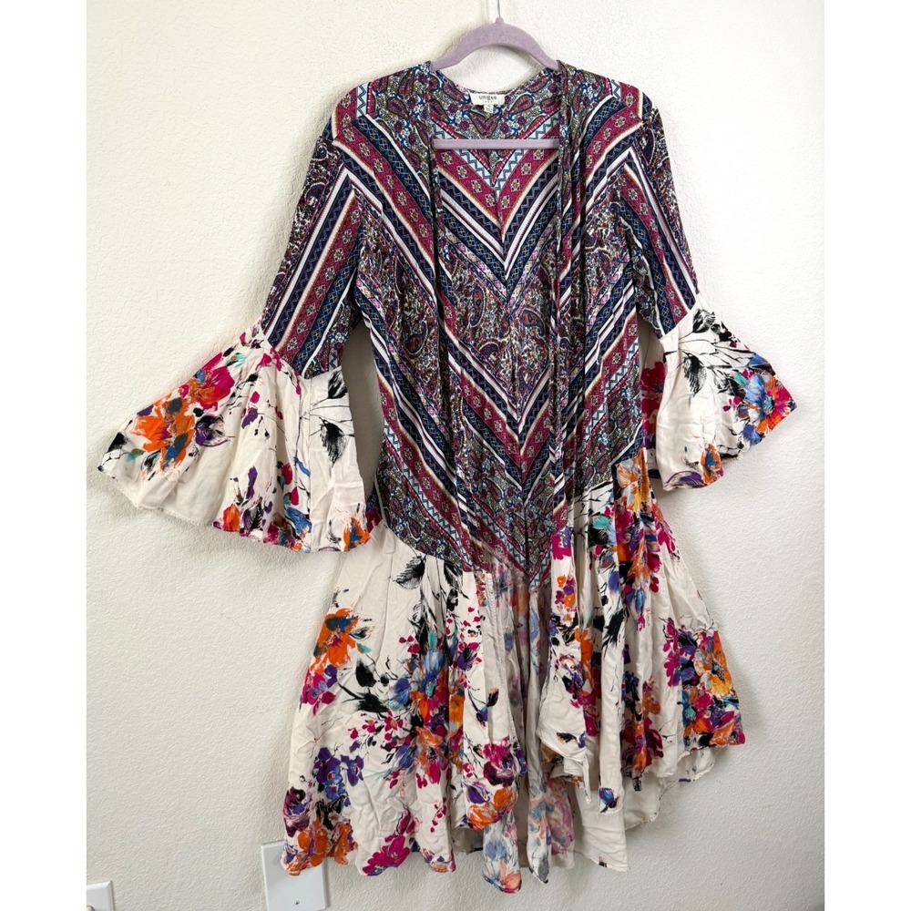 Umgee Boho Open Front Kimono Topper Sz M Floral Mixed Print Bell Sleeve Cover Up - Picture 2 of 6